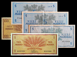 # # # 5 Banknoten Finnland (Finland) 100 + 1 + 3 X 5 Markkaa O. Litt, Litt A. Und Litt B. 1963 # # # - Finlande