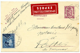 BELGIQUE - COB 430 SIMPLE CERCLE MECHELEN SUR ENTIER CARTE POSTALE 40C LION HERALDIQUE PAR EXPRES, 1939 - Sonstige & Ohne Zuordnung