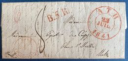 Lettre 1841 De ATH Pour METZ Griffe Rouge B5R Et Taxe 8 + Dateur D'entrée Rouge " Belg / THIONVILLE " SUPERBE - 1830-1849 (Belgique Indépendante)