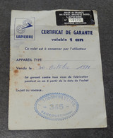 CERTIFICAT DE GARANTIE APPAREIL LAPIERRE, TAMPON DU MAGASIN LES COOPERATEURS RAUCOURT ARDENNES - 1950 - ...