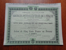 Cie ITALO-FRANCAISE , POUR L'EXPLOITATION DES SOURCES PETROLEIFERES DE L'ITALIE - ACTION DE 500 FRS - PARIS 1879 - Unclassified
