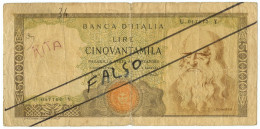 50000 LIRE FALSO D'EPOCA BANCA D'ITALIA LEONARDO DA VINCI MEDUSA 19/07/1970 MB+ - [ 8] Falsi & Saggi