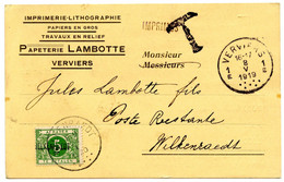 BELGIQUE - COB TX 12A SURCHARGE WILKENRAEDT SUR CARTE POSTALE COMMERCIALE DE VERVIERS, 1919 - Covers & Documents