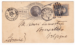 Postal Stationery 1889 One Cent Thomas Jefferson New York USA Bruxelles Belgique Henri Lamerlin Librairie - ...-1900