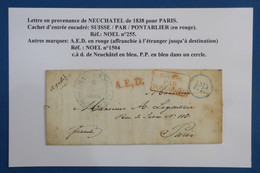 AY1 SUISSE  BELLE LETTRE 1838 NEUCHATEL A PARIS   +A.E.D.+ AFFRANCH.  INTERESSANT - ...-1845 Prefilatelia
