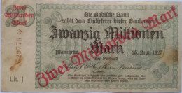 ALLEMAGNE - Billet De 20 Millions Du 25/09/1923 Surchargé En Rouge 2 Milliards De Marks - Peu Commun - 2 Photos - Non Classificati
