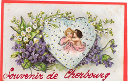 ANGELOT Embrasse Fillette Dans Grand Coeur Entouré De Muguet Et Violettes - Souvenir De Cherbourg En Paillettes - Angels