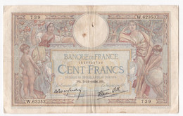 100 Francs L.O.M. 3 – 11 - 1938 ,  Alphabet W.62323 N° 739, Billet Ayant Circulé - 100 F 1908-1939 ''Luc Olivier Merson''