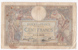 100 Francs L.O.M. 3 – 11 - 1938 ,  Alphabet L.62427 N° 721, Billet Ayant Circulé - 100 F 1908-1939 ''Luc Olivier Merson''