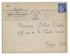 PARIS XVIII Lettre Entête Ministère Des Affaires Etrangères 90c Paix Bleu Yv 368 Ob Meca RBV A18401 Ob 15 2 1939 - Covers & Documents