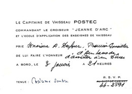 1963 1964 MARINE  FRANCE  INVITATION CAPITAINE DE VAISSEAU POSTEC  CROISEUR « JEANNE D’ARC »  VOIR SCANS - Cartes De Visite