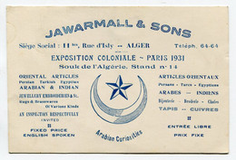 JAWARMALL & SONS - EXPOSITION COLONIALE - PARIS 1931 - Souk De L' Algérie, Stand N° 14 (Superbe Et Rare) - Cartoncini Da Visita
