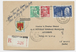 FRANCE GANDON 15FR ROUGE +5FR+N°842+837 CARTE POSTALE REC ROZAY EN BRIE 30.11.1949 SEINE ET MARNE - 1945-54 Marianne (Gandon)