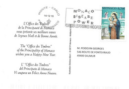 MONACO  -   MONTE CARLO  -   TIMBRE   LA NATIVITE   -    2015 -   FLAMME BISEASE POWER POUR LES PERSONNES HANDICAPEES - Storia Postale