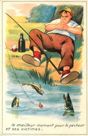 Pêche * Cpa Illustrateur * Pêcheur S'endormant Devant Sa Canne à Pêche * Humour - 1900-1949