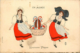 En Alsace * Cpa Illustrateur * Femmes En Coiffe * Joyeuses Pâques * Oeufs Eggs - Autres & Non Classés