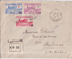 TUNISIE - 1941 - SERIE SURCHARGEE / ENVELOPPE RECOMMANDEE De CARTHAGE => AUBENAS - Storia Postale