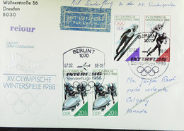 DDR: Lp-Brf Zu Den Olymp. Spielen 1988 Nach Calgary So-St. 1070 Berlin 07.02.88. Letzte Teilnahme Eines DDR-Teams Winter - Airmail