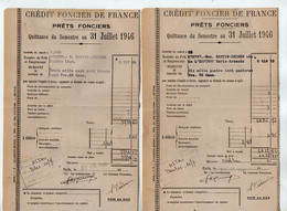 VP20.004 - PARIS X LUCON 1946 - 2 Quittances Du Crédit Foncier De France - Mme MARTIN - DECAEN Née De L'ESPINAY - Bank & Versicherung