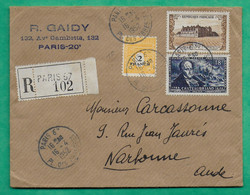 N°709 + 816 + 913 RECOMMANDE PARIS PLACE DES ABBESSES POUR NARBONNE AUDE 1952 LETTRE COVER FRANCE - 1944-45 Arco Di Trionfo