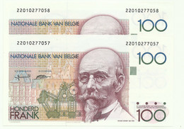 Belgium - 2 X 100 Francs Consecutive - Pick 142 - Sign. 5 And 15 ( 1992 - 1994 ) - Hendrik Beyaert - ND ( 1982 - 1994 ) - 100 Franchi