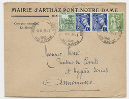 MERCURE 10C PAIRE +75C PAIX MIXTE TUNISIE 5C LETTRE HOROPLAN MONNETIER MORNEX 28.1.1940 HTE SAVOIE ARTHAZ AU TARIF - 1938-42 Mercurius