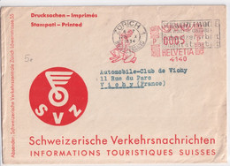 1934 - SUISSE - EMA Des INFORMATIONS TOURISTIQUES SUISSES "SVZ" + MECA De ZÜRICH Sue ENVELOPPE ILLUSTREE => VICHY - Frankeermachinen