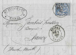 1877 / Facture Auguste EVRARD / Banque Epinal Mirecourt Neufchâteau Charmes 88 / Pour Jambois-Husson Nancy - 1800 – 1899