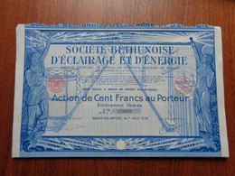 FRANCE -62 - BRUAY EN ARTOIS 1936 - Ste BETHUNOISE D'ECLAIRAGE & D'ENERGIE - ACTION DE 100 FRS - Zonder Classificatie