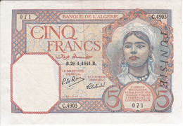 BILLETE DE ARGELIA - TUNISIE DE 5 FRANCS DEL 29-1-1941 EN CALIDAD EBC (XF) (BANKNOTE) - Algérie