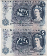 Great Britain United Kingdom England 2 X 5 POUNDS 1966-70 Consecutive EXF P-375b "free Shipping Via Registered Air Mail" - 5 Pounds