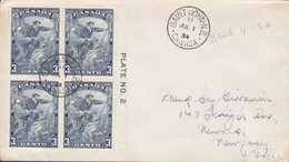 Canada SAINT JOHN N.B. 193 Premier Jour Lettre FDC Cover Jacques Cartier 4-Block PLATE No. 2 Margin - ....-1951