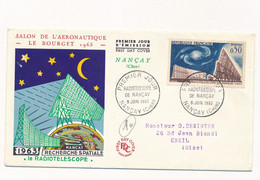 FRANCE - ENVELOPPE PREMIER JOUR RADIOTELESCOPE DE NANCAY DU 8 JUIN 1963 POUR CREIL OISE SALON AERONAUTIQUE BOURGET - 1960-1969