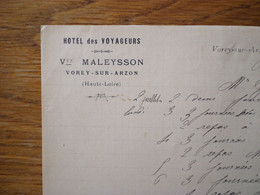 43 VOREY SUR ARZON - Facture HOTEL Des VOYAGEURS, Vve MALEYSSON - 1900 – 1949