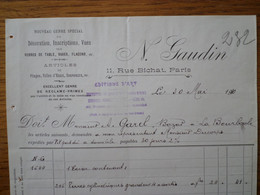 75 PARIS - Facture N. GAUDIN, Décoration Inscriptions Vues Sur Verres De Table Vases Flacons, Rue Bichat, Mai 1910 - 1900 – 1949