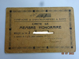 CARTE MEMBRE HONORAIRE COMPAGNIE SAPEURS-POMPIERS DE BASSY 74 HAUTE SAVOIE 1933 POUR COLLECTIONNEUR - Collections