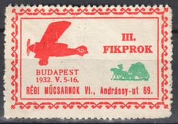 Airplane / Mail Stage Coach / FIKPROK Stamp Philatelic Exhibition CINDERELLA LABEL VIGNETTE Hungary 1932 - Diligences