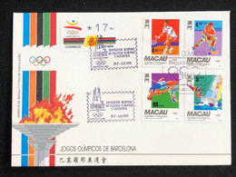 MACAU 1992 BARCELONA OLYMPIC GAMES FDC AND ADDITIONAL BARCELONA PHILATELIC EXHIBITION CANCEL - FDC