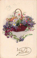 CPA - FANTAISIE - VIVE ST NICOLAS - PANIER REMPLI DE FLEURS VIOLETTES BLANCHES ET ROUGES - COLORISEE - San Nicolás