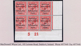 Ireland 1922 Dollard Rialtas 5-line Black Overprint On 1d, Control S21 Imperf, Corner Block Of 6 Fresh Mint, Plate 1 - Unused Stamps
