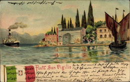 Lithographie San Vigilio Lago Di Garda Veneto, Punta, Italienische Fahne, Segelboot, Dampfer - Andere & Zonder Classificatie