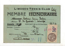 LIMOGES TENNIS CLUB - Année 1939 - Carte De Membre - Andere & Zonder Classificatie