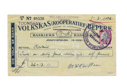South Africa Bank Cheque Volkskas 1952 Perfin , Perfore , Die Volk Se Bank - Cheques & Traveler's Cheques