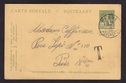 DDCC 066 - Zone NON OCCUPEE - Entier Postal Pellens PANNE 1915 à PARIS, Taxée Griffe T -Taxation Non Appliquée En France - Zona Non Occupata