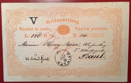 RARITÄT: Postanweisung Ganzsache 1867 20Rp REINACH BL 17.7 ! FRÜHDATUM (Schweiz Basel Money Order Mandat De Poste - Interi Postali