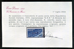 RSI 1944 POSTA AEREA G.N.R.  BRESCIA 2 L. SASSONE N. 122/II ** MNH  CERT. DIENA - Luftpost