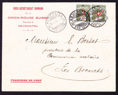 1913 5 Rp Alpenrosen Kleine Kontrollnummer (2) Auf Brief Vom Roten Kreuz Neuchâtel. Ankunftsstempel Les Brenets - Vrijstelling Van Portkosten