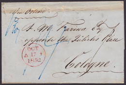 Tax. Brief, 1852 Nach Cöln, Roter K2 "aus England über Aachen" - ...-1840 Voorlopers