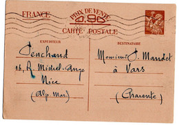 Entier --1941--type IRIS --SANS Valeur CP1 -- De NICE R.P Pour VARS -16--Krag NICE R.P - Standard Postcards & Stamped On Demand (before 1995)