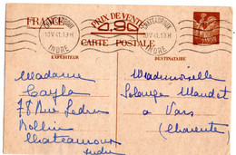 Entier --1941--type IRIS --SANS Valeur CP1 -- De CHATEAUROUX-36  Pour VARS -16--Krag CHATEAUROUX-36 - Standard Postcards & Stamped On Demand (before 1995)